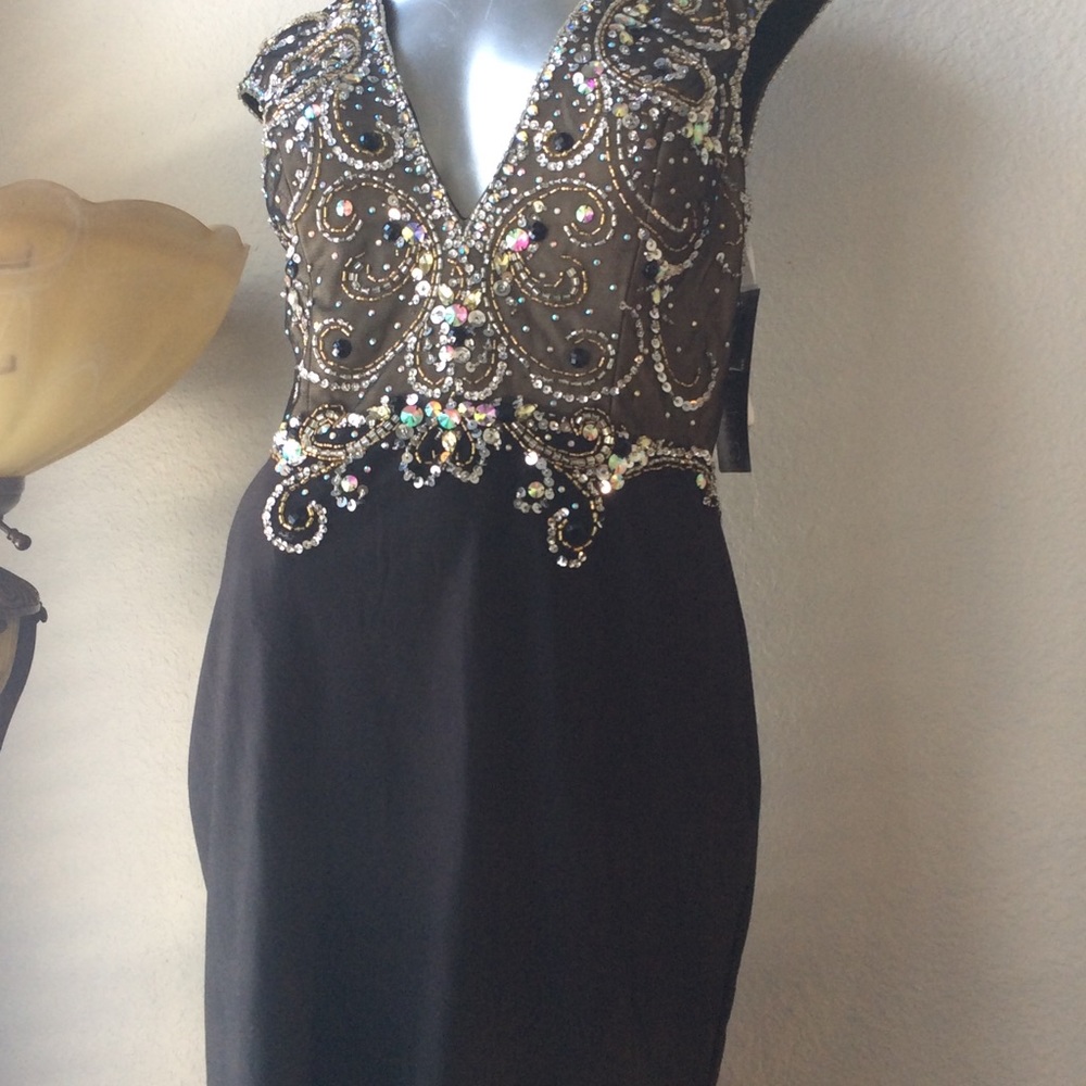 Hannah S Open Back Plunge Neck Beaded Dress 16